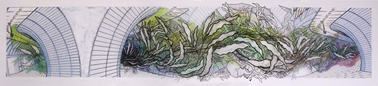 Swarm Separating Self: Haupbahnhof Pondweed, Ink on vellum, 10x45 in, 2009